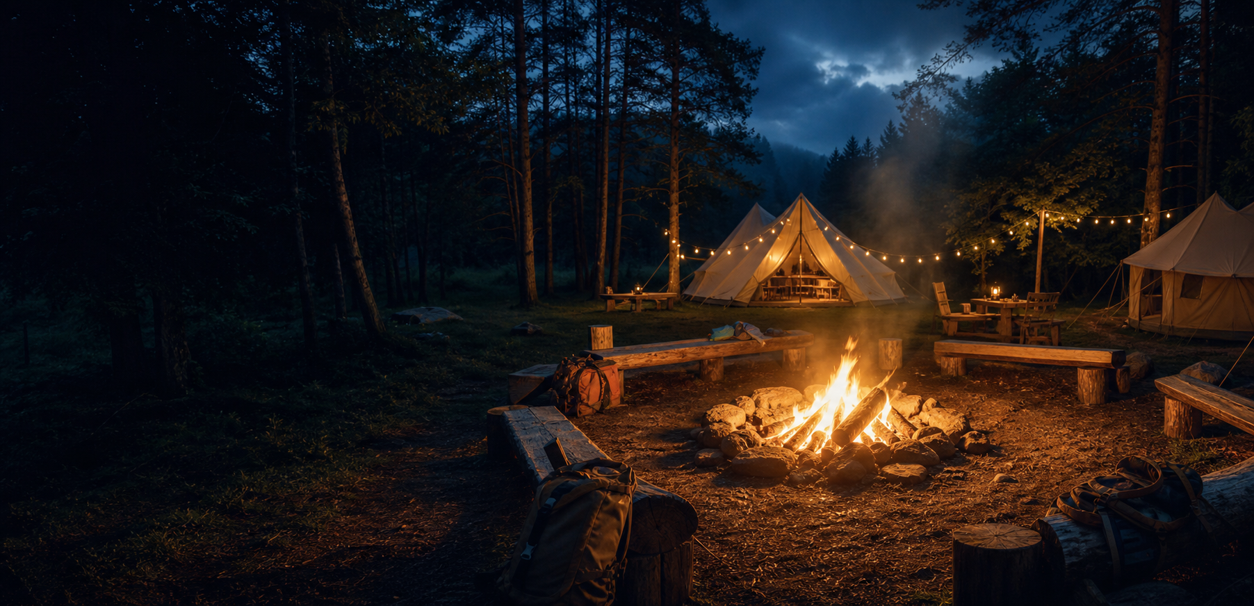 Lagerfeuer im Wald mit Zelten