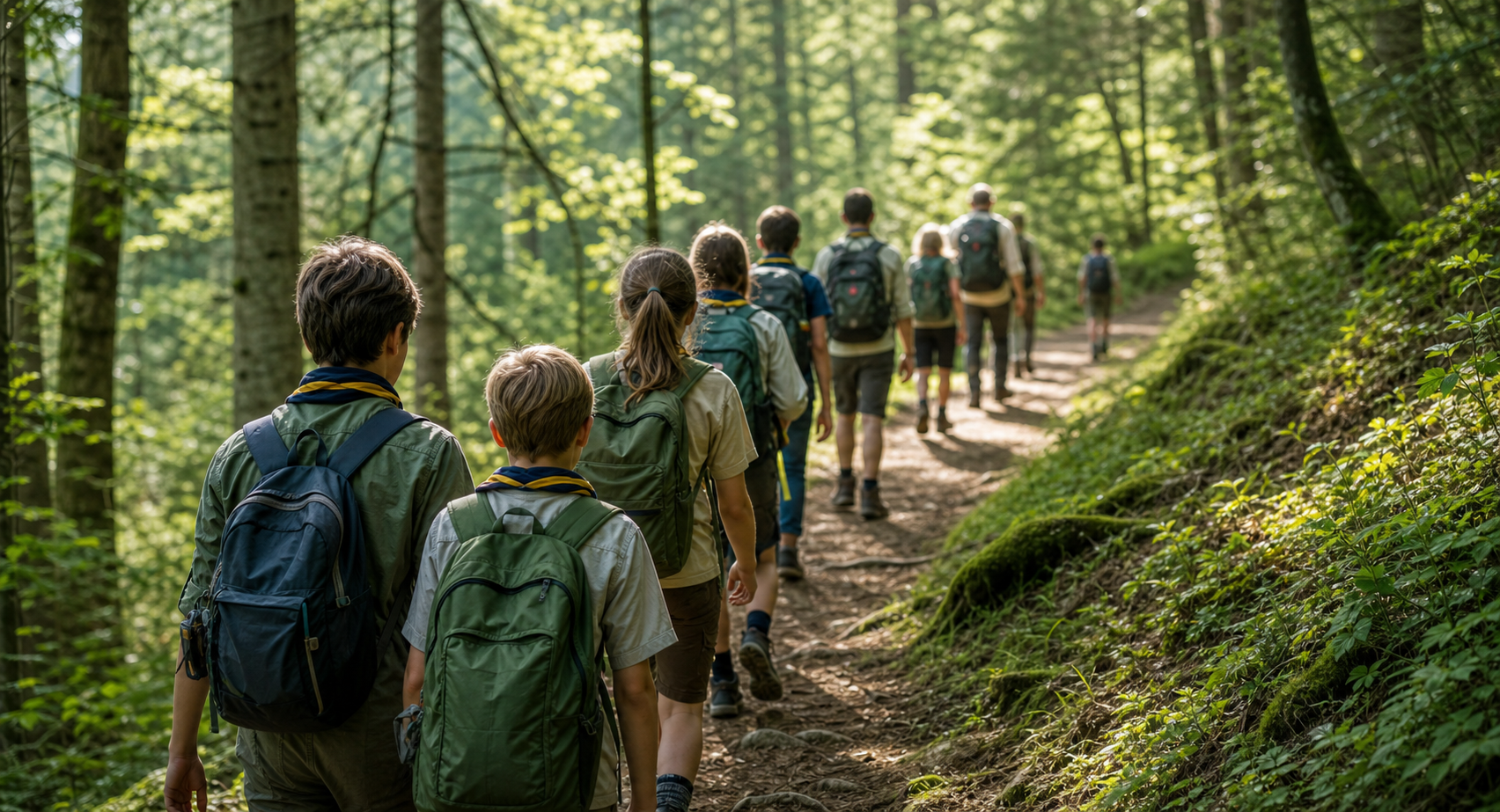 Pfadfindergruppe auf einem Waldweg von hinten gesehen